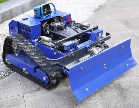remote lawn mower with snow plow.